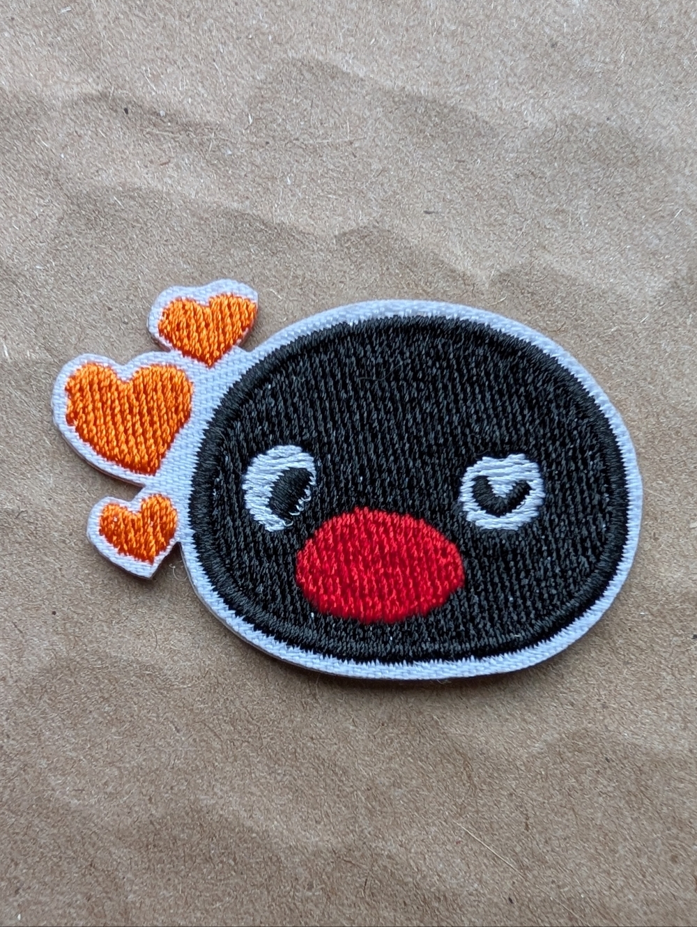 Cute Pingu Embroider Patch with Red Orange Hearts(New Without Tag) Stick/Iron-on